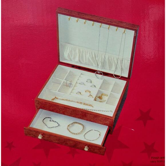 Honey Colored Wood Inlay Jewelry Box Plush Lining 2 Tier multiple storage areas - Picture 1 of 12